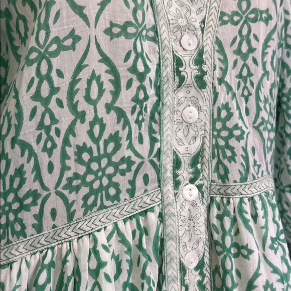 Bell - Clara Green Floral Print  Boho Cotton Silk Button Down Dress Size Small - Picture 6 of 11
